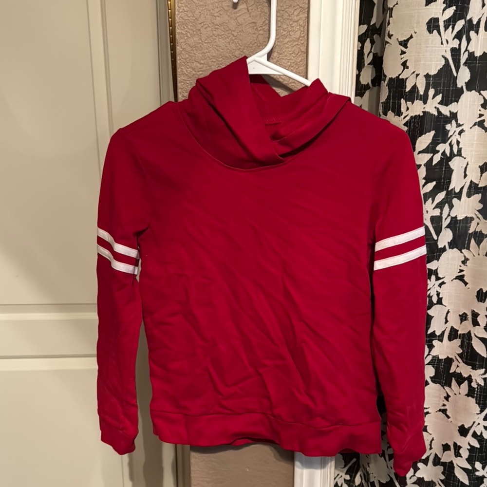 Vibrant Red Cowl Neck Sweater with White Stripes
